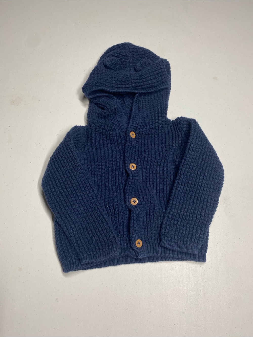 Carter's Navy Hooded Knit Cardigan with Wooden Buttons - Size 9 mo